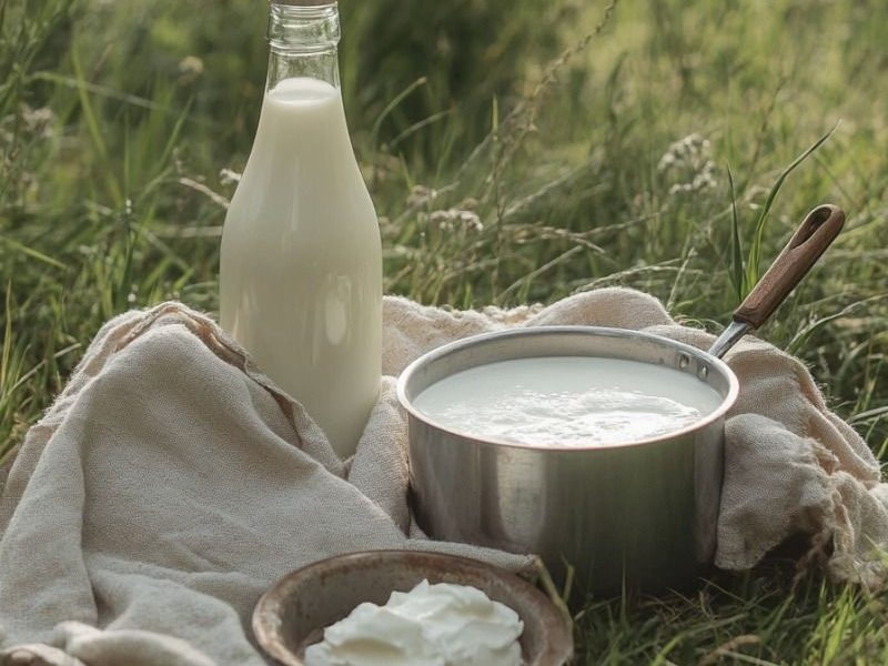 Bouteille de lait, casserole de lait et crème posées sur un linge dans l'herbe