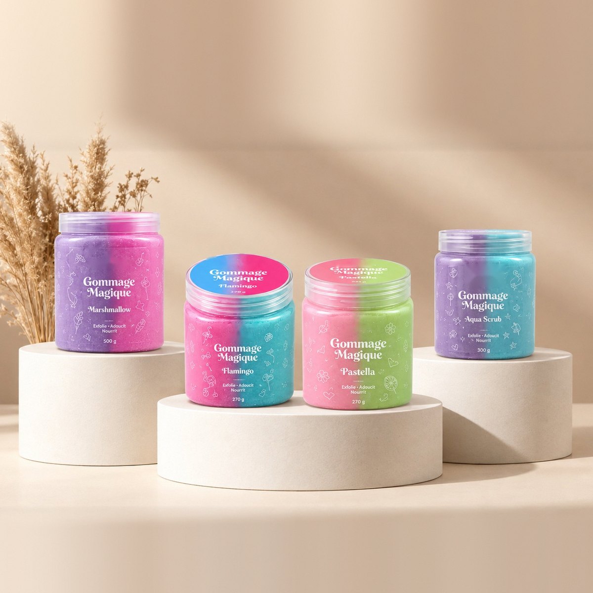 Gommages Magiques Pharmamil : Marshmallow, Flamingo, Pastella et Aqua Scrub